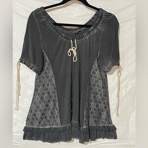 POL Charcoal Lace-Panel Peasant Blouse with Drawstring